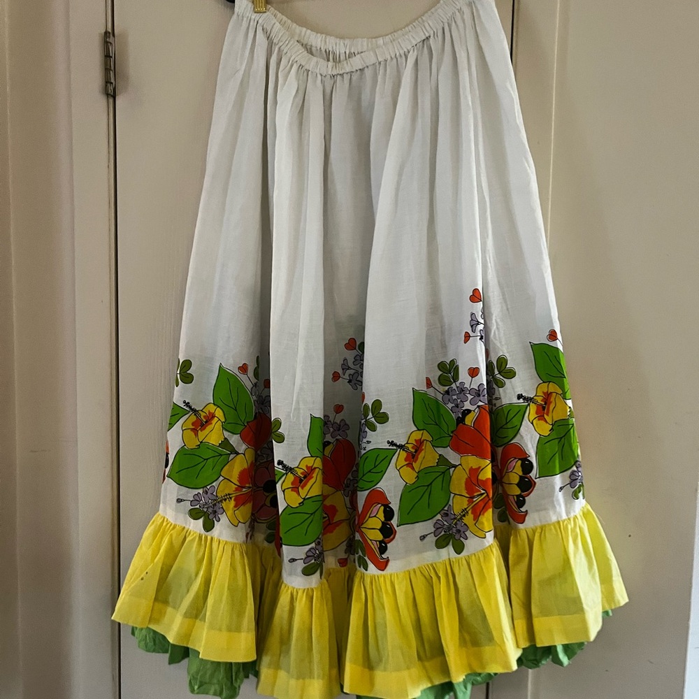 SOLD💔60s Handmade Ruffle Prairie Peasant Cotton Twirl Dancing Midi Skirt L - Picture 7 of 9